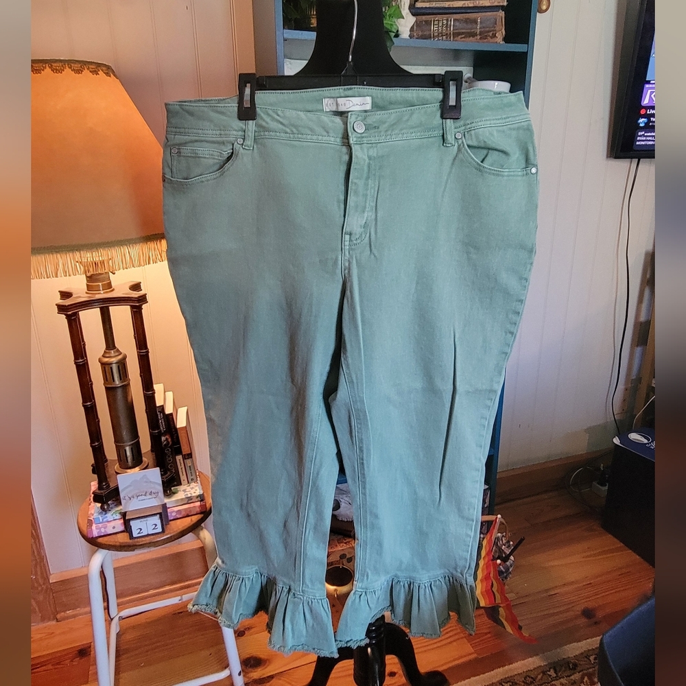 Plus Size 18w Sage Green Ruffle Flare Jeans